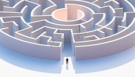 身着西装的人站在圆形或同心迷宫入口前。空中。抽象和概念 3d 渲染插图.