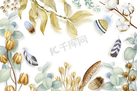 手绘水彩花, 干籽荚, 棉花和树枝在波希米亚风格。波西米亚为季节性花卉设计项目的质朴自然元素。秋冬时尚花束收藏