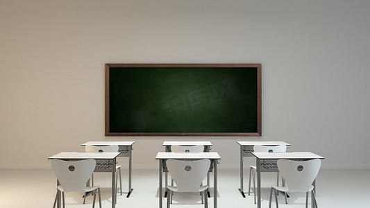 空的现代教室概念与白色木制书桌，椅子和绿色背景3D渲染