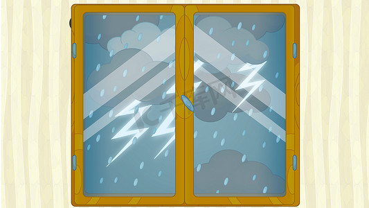 卡通场景窗口-暴风雨-打雷的天气