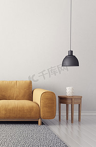带黄色沙发的现代起居室。斯堪的纳维亚室内设计家具。3d 渲染插图