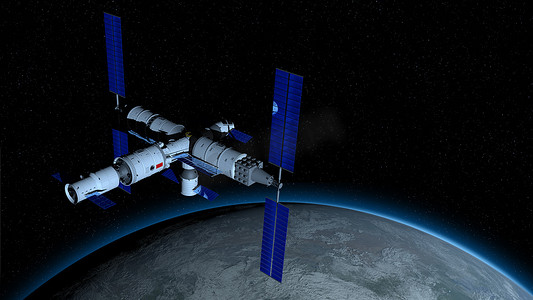 天宫3号景观——中国空间站在黑色空间以恒星背景环绕地球。3d 插图