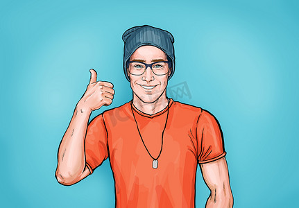 person摄影照片_Smiling hipster man in glasses with Like sign. Advertising design with person that guarantees the quality of work or services. Male in orange t-shirt and hat shows thumb up.