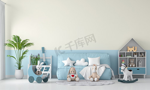 儿童房摄影照片_儿童房室内的蓝色沙发和洋娃娃，用于模拟，3D渲染