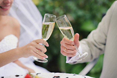 婚礼情侣香槟土司手里拿着香槟杯水平.