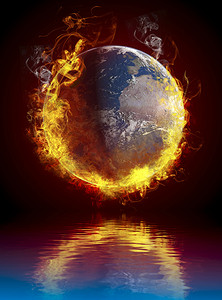 全球气候变暖摄影照片_全球气候变暖的概念。行星地球烧过水反射