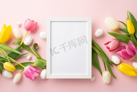 复活节的概念。白色相框，彩蛋和色彩艳丽的新鲜郁金香的顶部照片，背景浅粉色，有彩色色彩