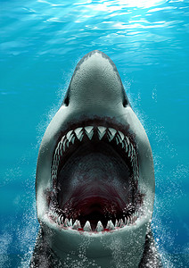大白鲨（Carcharodon carcharias）大白鲨（Carcharodon carcharias）张大大嘴大牙攻击，迅速浮出水面，3D