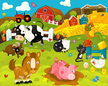 游泳框卡通框摄影照片_卡通快乐和有趣的农场场景与快乐的动物 - 插图为儿童