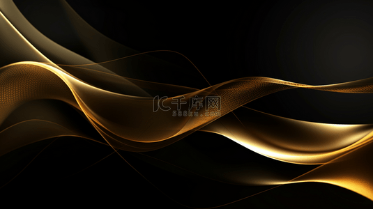 摘要：在金色背景上，抽象优雅的三维黑色波浪形状和金色弯曲线条元素，附有灯光效果。