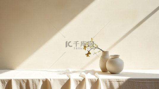 桌子背景图片_米白色桌子陶瓷花瓶家居电商背景3