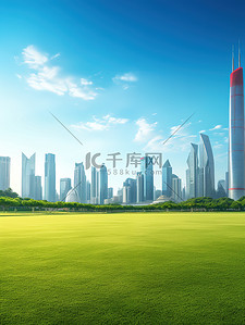 蓝天背景图片_城市公园草地现代建筑蓝天背景20