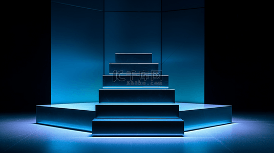方形讲台平台，有霓虹灯和白色背景。