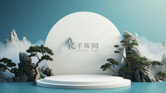 古风中秋节背景背景图片_C4D月亮石山青松电商展示台背景7