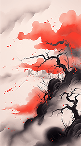 中国风黑背景图片_国风红黑水墨配色梅树背景