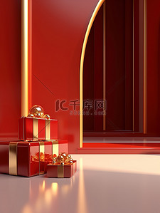 金色和银色的礼盒红色背景16