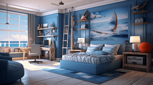 蓝色海洋主题儿童卧室背景3