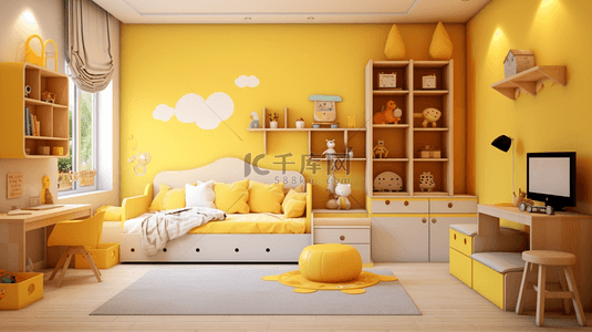黄色活力主题儿童房间背景2