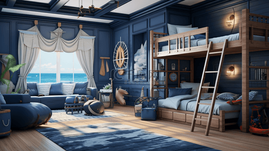 蓝色海洋主题儿童卧室背景2