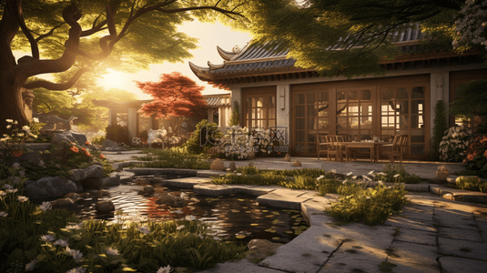 电商古典中国风背景图片_夕阳下的中国风古典庭院背景3