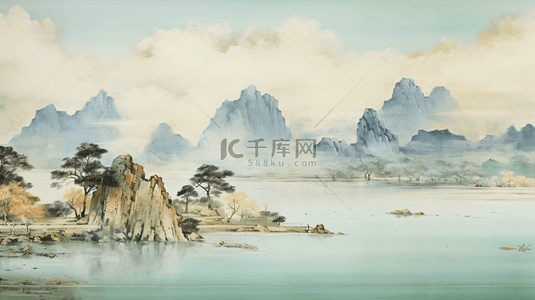 山水画背景图片_油画质感青山绿水纹理背景29