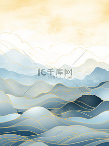 手绘国潮描金山水海浪背景3