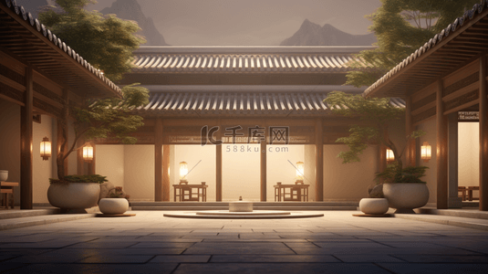 中国风古风建筑背景图片_夕阳下的中国风古典庭院背景1