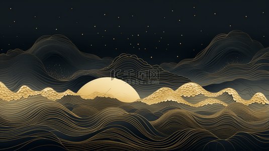 国潮中秋节描金群山夜空圆月背景8