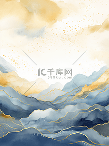 手绘国潮描金山水海浪背景14