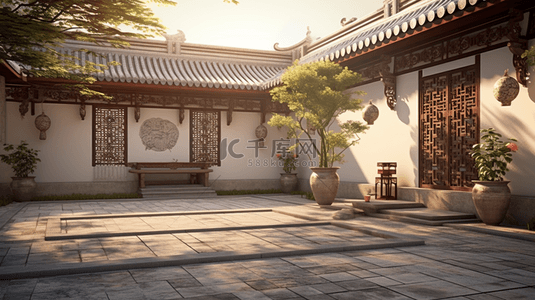 4建筑背景图片_夕阳下的中国风古典庭院背景4