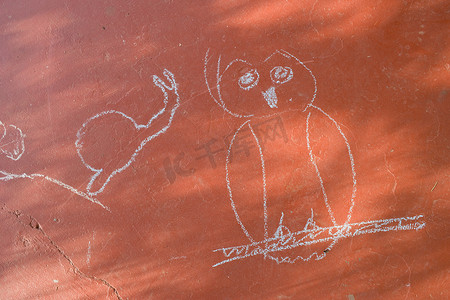 猫头鹰和蜗牛的粉笔画