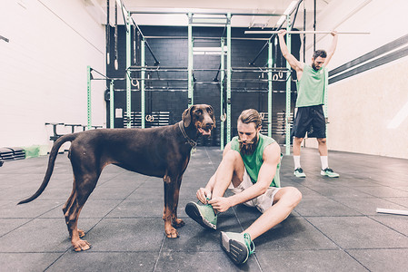 在健身房年轻的男子交叉训练师带着狗拴带训练员