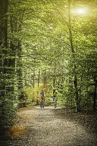 成熟的山地自行车夫妇在森林小径上骑自行车