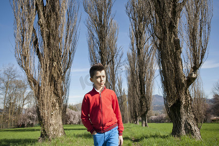 12岁的男孩在绿树成荫的田野上散步