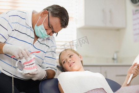 牙医和办公室里的女孩聊天
