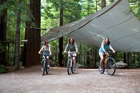 小手拉大手摄影照片_三名女山地自行车手骑着自行车穿过森林