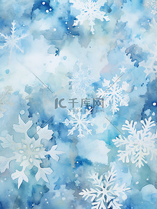 水彩蓝色背景上美丽的白色雪花16