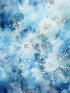 冬天水彩背景图片_水彩蓝色背景上美丽的白色雪花6