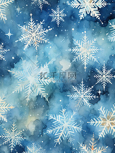 冬天水彩背景图片_水彩蓝色背景上美丽的白色雪花18