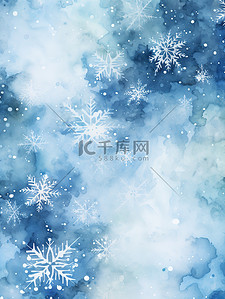 冬天水彩背景图片_水彩蓝色背景上美丽的白色雪花19