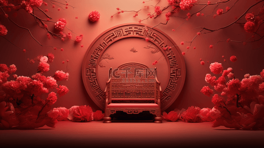 红色C4D中国风春节电商背景8