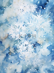 水彩蓝色背景上美丽的白色雪花5