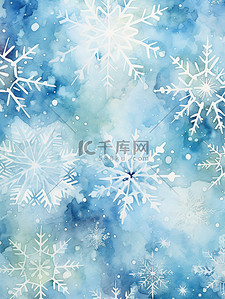 冬天水彩背景图片_水彩蓝色背景上美丽的白色雪花7