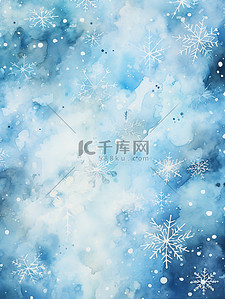 冬天水彩背景图片_水彩蓝色背景上美丽的白色雪花14