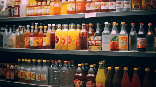 酒水饮料饮品摄影照片_超市货架上的酒水饮料