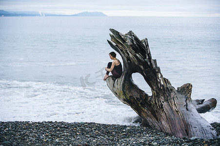 海滩上坐在大浮木树干上的成熟女子