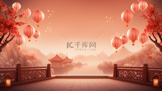 展示墙背景图片_中国风古典山水灯笼庆新春背景4