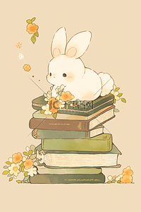 女孩坐在屋顶背景图片_可爱的小兔子坐在书上