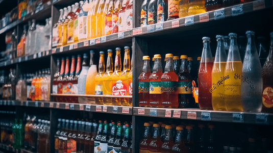 酒水饮料饮品摄影照片_超市货架上的酒水饮料