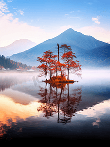 秋天湖水远山风景